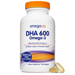 OmegaVia DHA 600mg bottle with capsules for cognitive and eye support