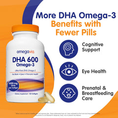 Close-up of OmegaVia DHA softgels highlighting burpless, easy digestion