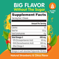 OmegaVia Kids Omega 3 Chewies fruit flavor, sugar-free option with strawberry citrus notes