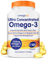 OmegaVia Ultra Concentrated Omega-3 bottle shows enteric coating for burpless use