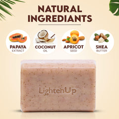 OMIC Lighten-Up exfoliating soap close-up with apricot pieces for gentle exfoliation