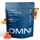 OMNI Creatine Gummies bottle with peach flavor for convenient gym and travel use.