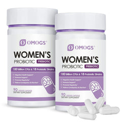 OMOGS Women's Probiotic bottle front view showing 180B CFUs and 18 strains