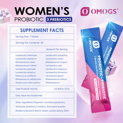 OMOGS Women's Probiotic packaging closeup highlighting cranberry extract and prebiotics