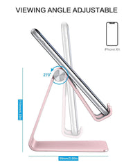 OMOTON Rose Gold stand holds phone while charging with a bulky case.