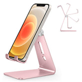 OMOTON adjustable stand rose gold front view holds an iPhone for hands-free use.
