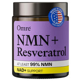 OMRE NMN + Resveratrol bottle with purity highlights and energy support potential.