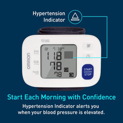 Omron 3 Series Wrist Monitor hypertension indicator helps identify elevated readings.