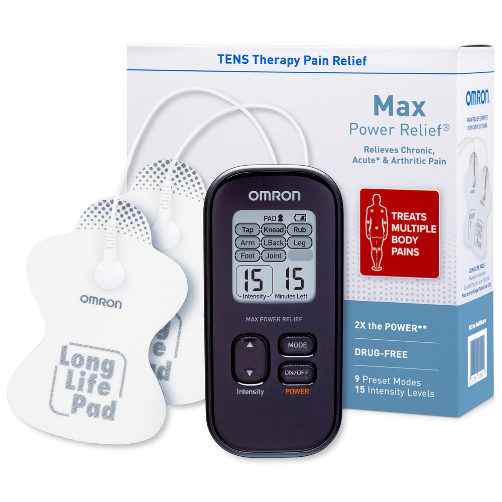 Omron Max Power Relief TENS unit with portable design for drug-free pain relief on the go.