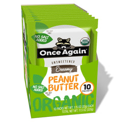 Once Again organic peanut butter packets displayed in a box for convenient snacking on the go.
