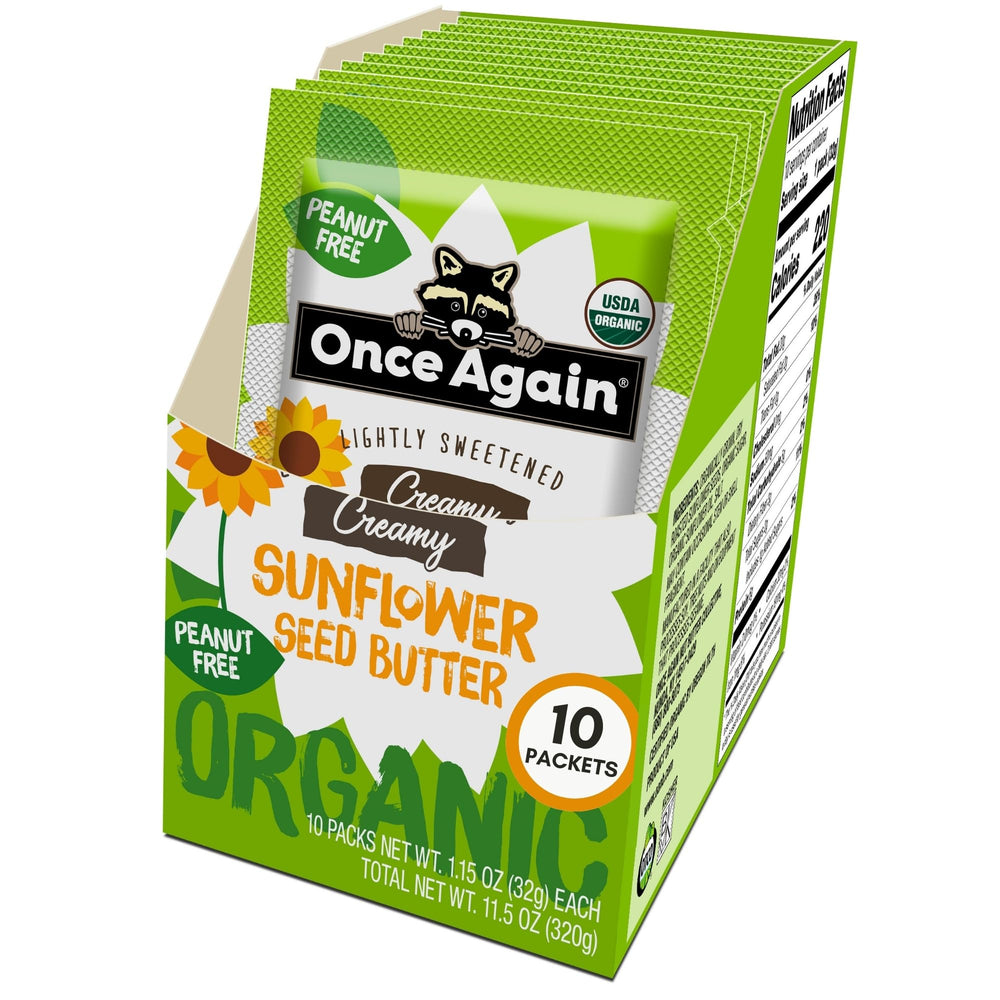 Once Again organic sunflower butter packets box front for on-the-go snacking