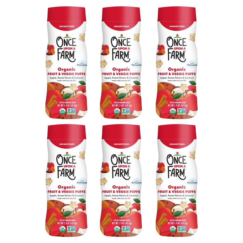 Once Upon a Farm puff canister on shelf, convenient on-the-go snack