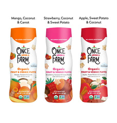 Once Upon a Farm coconut-in-all puffs, gentle texture for babies 10 months and up.
