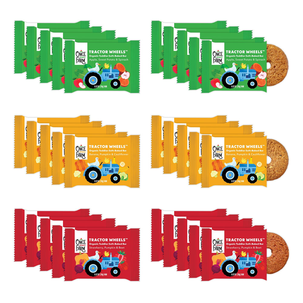Once Upon a Farm tractor wheel apple bars for toddler snack time with real fruit.