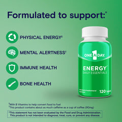 Closeup of One A Day Energy Daily Essentials pills ready for daily use