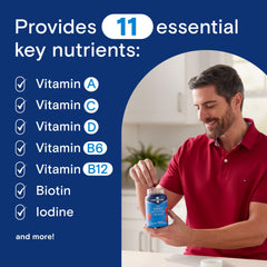 One A Day Men’s Daily Essentials Gummies packaging with nutrition facts for energy support.