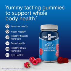 One A Day Men’s Daily Essentials Gummies raspberry bite close-up for daily nutrition.