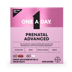 One A Day Prenatal Advanced bottle pouring capsules for easy daily use and brain development support