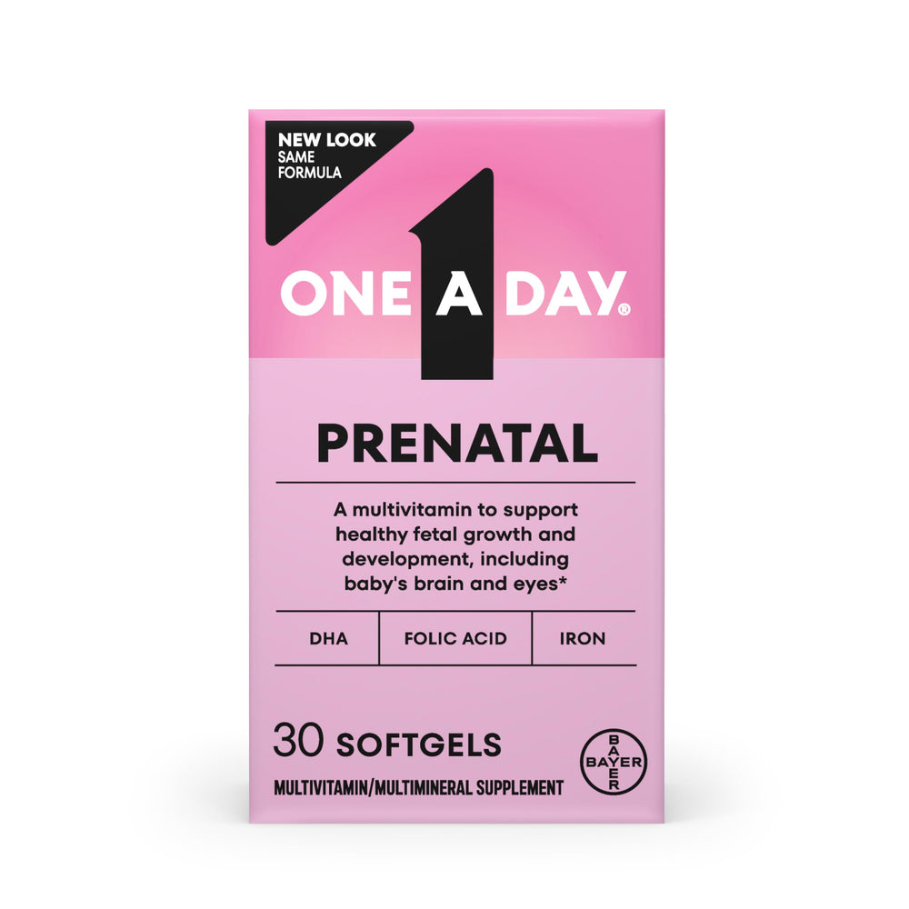 One A Day Prenatal softgel bottle, convenient daily support for mom and baby.