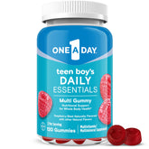 One A Day Teen Boy's Daily Essentials Gummies bottle shows raspberry flavor and immune health support.