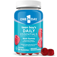 One A Day Teen Boy's Daily Essentials Gummies bottle shows raspberry flavor and immune health support.