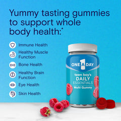 One A Day Teen Boy's Daily Essentials Gummies pour demonstrates a two-gummies serving for daily energy.