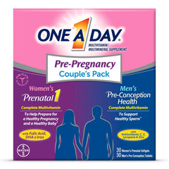 ONE A DAY women's prenatal softgel bottle shows folic acid support for early pregnancy health.
