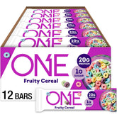ONE Fruity Cereal bar packaging, a gluten-free protein snack for on-the-go.
