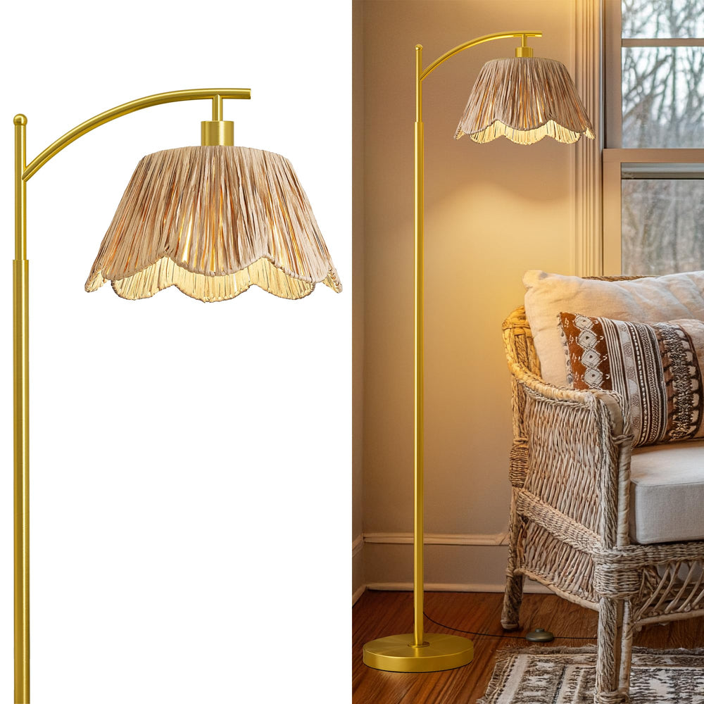 Oneach Arc lamp shade close-up showing handwoven rattan texture for warm ambient lighting
