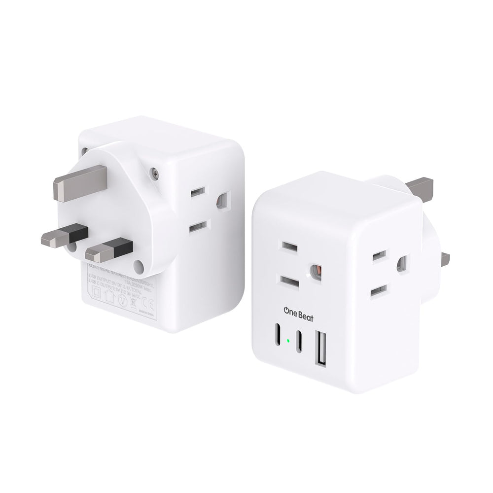 One Beat 2-Pack travel adapter front view, compact 6-in-1 design for UK connections.