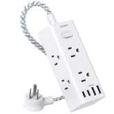 One Beat short extension cord with flat plug shown against a desk edge for travel use