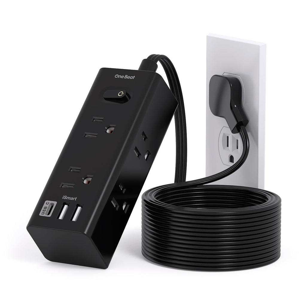 One Beat ultra-flat plug power strip with six outlets and USB ports for convenient charging.