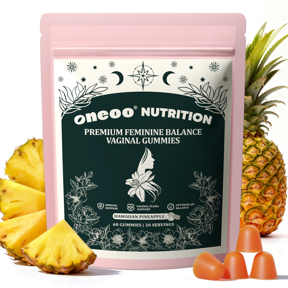 Oneoo Feminine Balance Gummies bottle showing pineapple flavor for daily wellness.