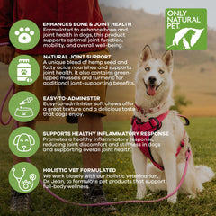 Only Natural Pet green-lipped mussels and turmeric ingredients illustration highlight joint support.