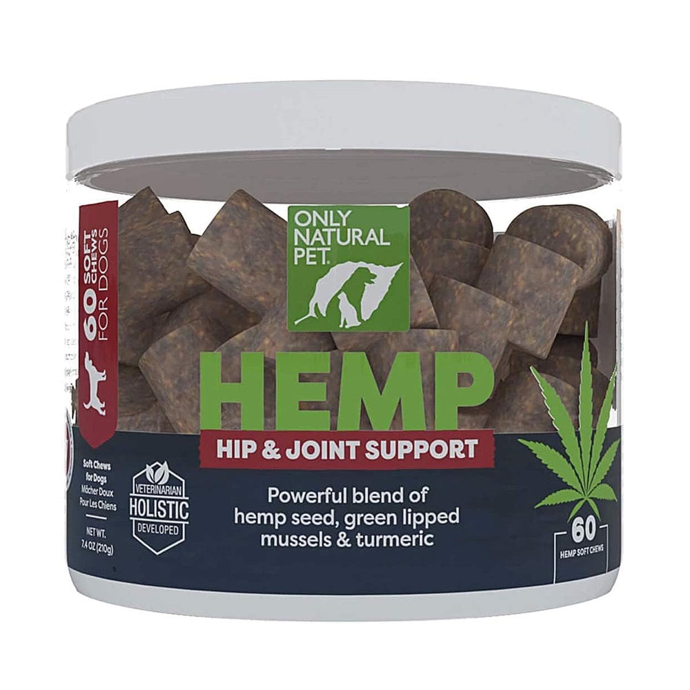 Only Natural Pet Hip and Joint Support chews in bottle for dogs boost joint comfort.