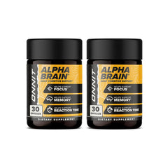 ONNIT Alpha Brain bottle front view for improved focus and mental clarity.