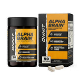 ONNIT Alpha Brain bottle packaging shows premium design to support focus.