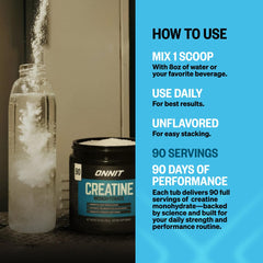 ONNIT Creatine Monohydrate Powder with stack image highlights versatile supplementation.