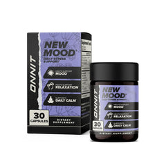 ONNIT New Mood bottle closeup for daily stress support.