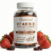 O NUTRITIONS Vitamin B Complex Gummies bottle with strawberry flavor for daily energy.