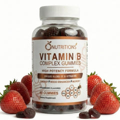 O NUTRITIONS Vitamin B Complex Gummies bottle with strawberry flavor for daily energy.