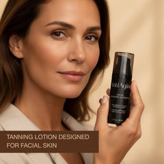 Onyx anti-aging face tanning lotion spread-on-skin demonstrates even coverage and hydration.