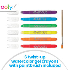 Ooly Smooth Stix gel crayons with wet brush enable watercolor blending.