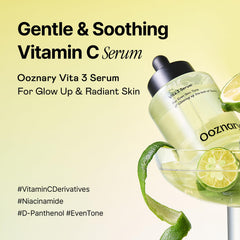 Close-up of OOZNARY Vita 3 Serum bottle showing a lightweight, fast-absorbing texture.