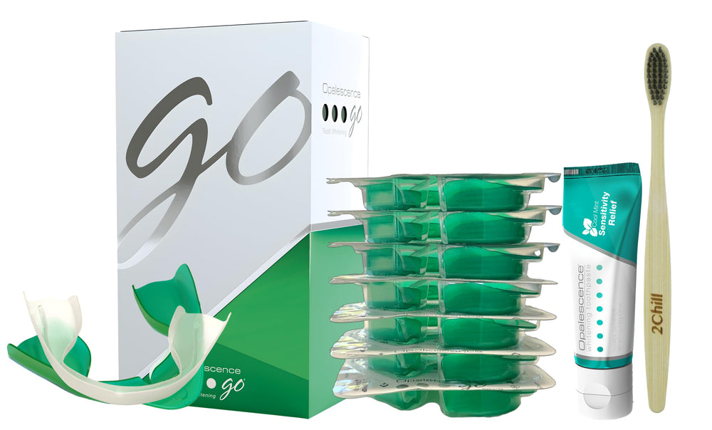 Opalescence Go 15 trays close-up, prefilled whitening trays for seven treatments.