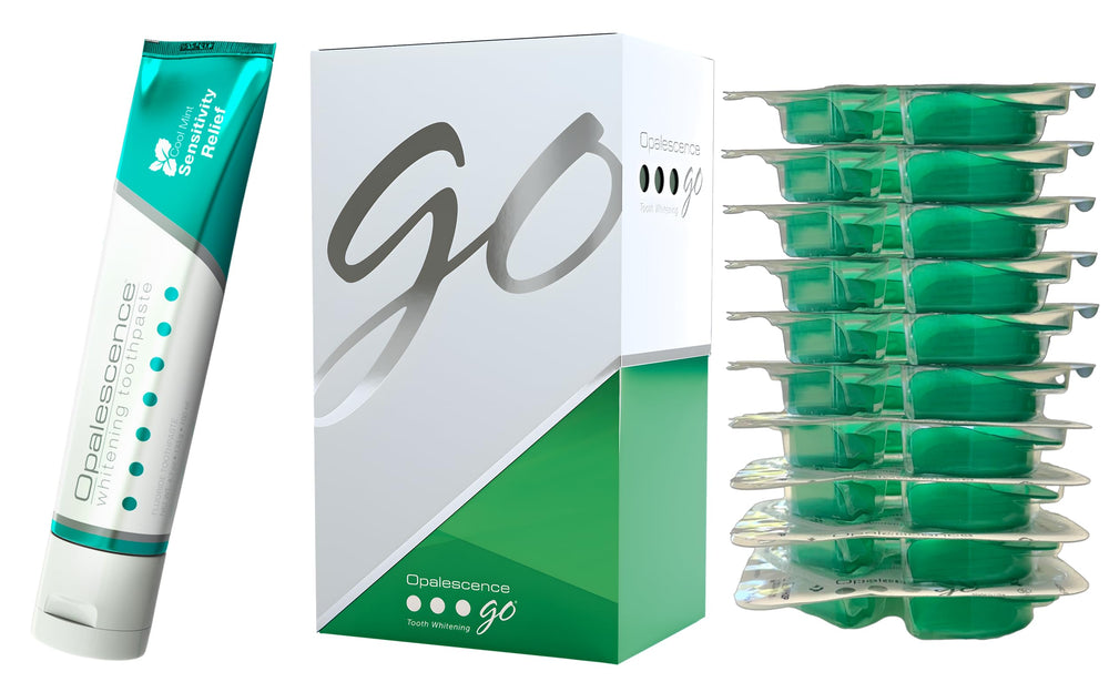 Opalescence GO prefitted trays show a complete ten-treatment whitening kit.