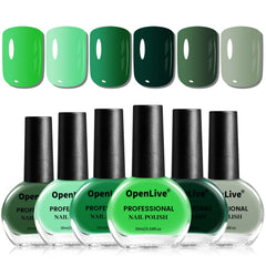 OpenLive Green Nail Polish 6Pcs set packaging highlights eco-friendly design.