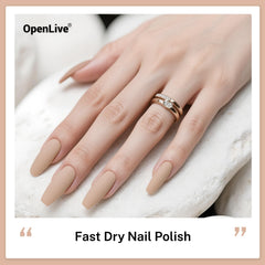 OpenLive nude pink polish on nails with a shiny, even finish.