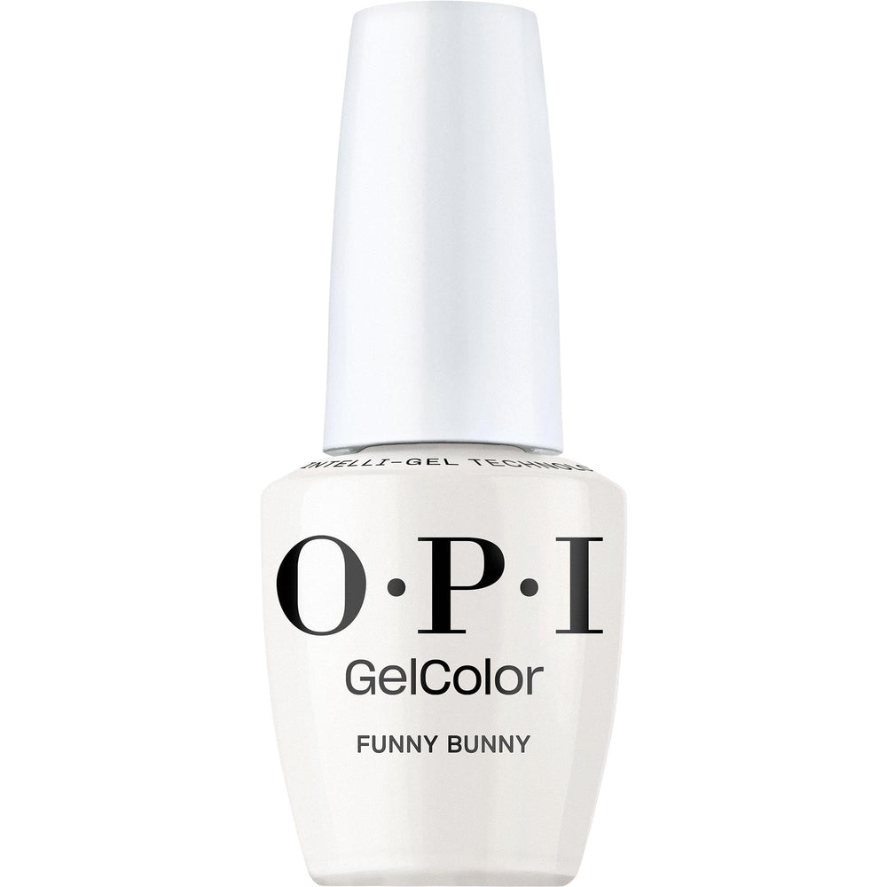 OPI GelColor Funny Bunny soft white creme bottle shows long-lasting shine.