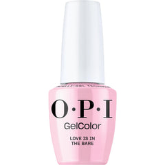 OPI GelColor Love Is in the Bare bottle with pink swatch showing sheer, romantic color.